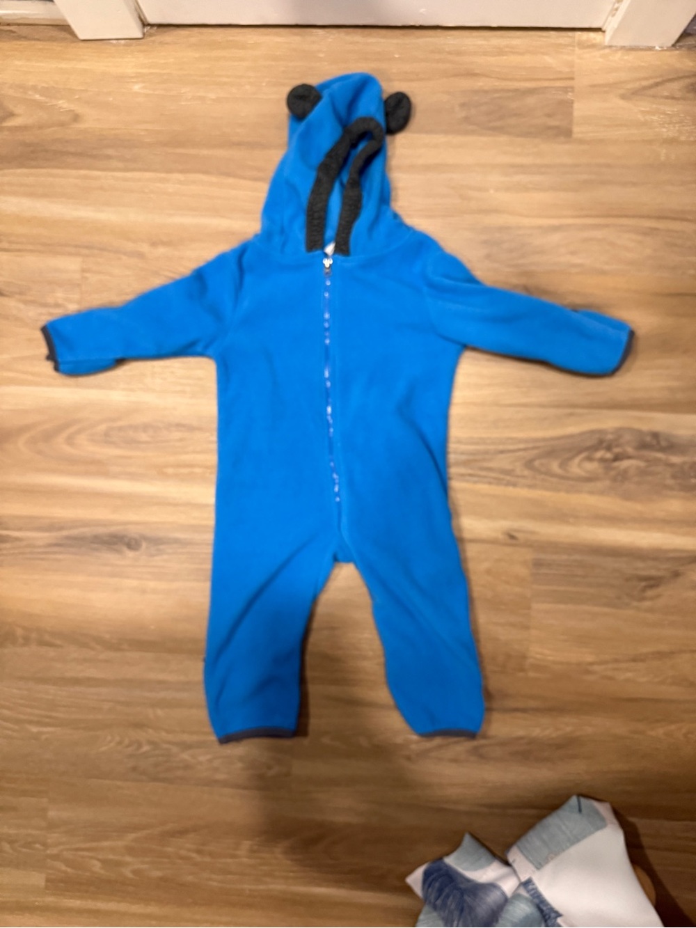 Cozy Bright Blue Hooded Fleece Footie with Ear Accents